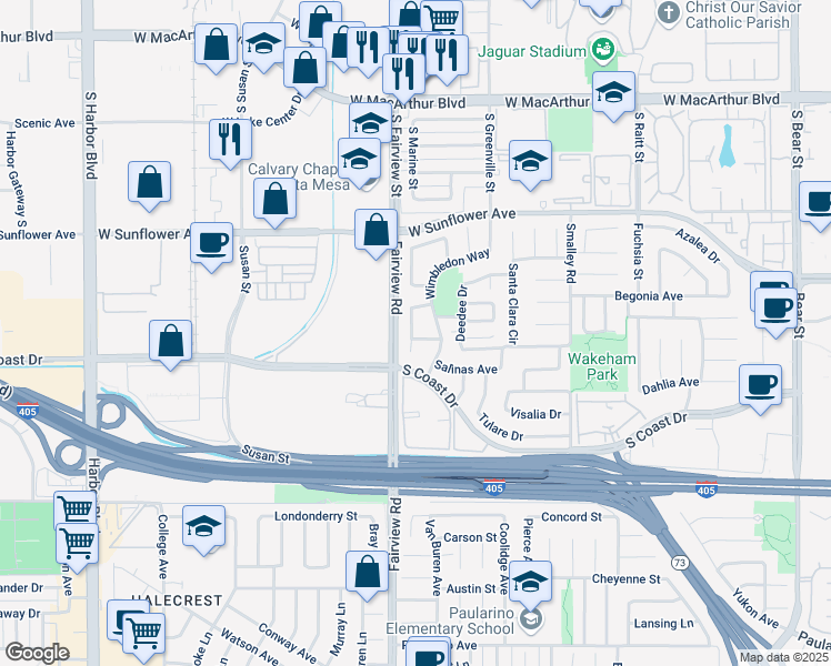 map of restaurants, bars, coffee shops, grocery stores, and more near 3425 Summerset Circle in Costa Mesa