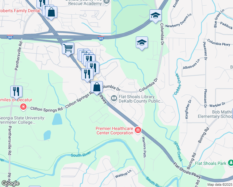 map of restaurants, bars, coffee shops, grocery stores, and more near 3156 Nectarine Circle in Decatur