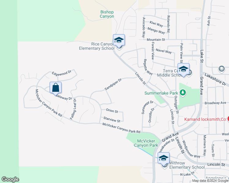 map of restaurants, bars, coffee shops, grocery stores, and more near 29260 Sandpiper Drive in Lake Elsinore