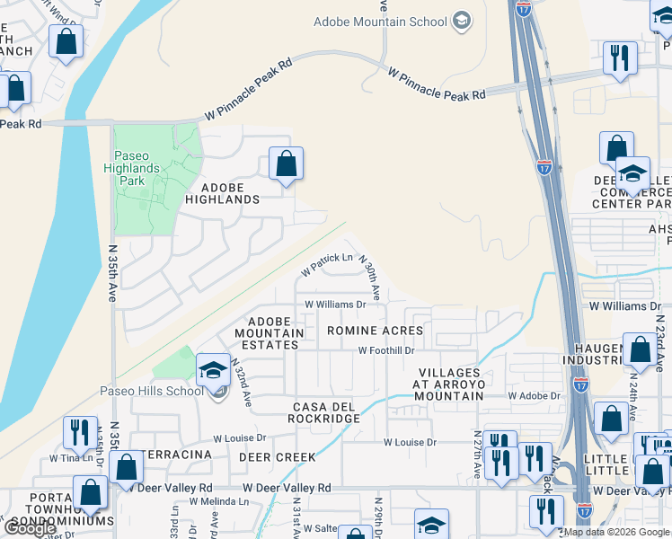 map of restaurants, bars, coffee shops, grocery stores, and more near 22806 North 30th Avenue in Phoenix