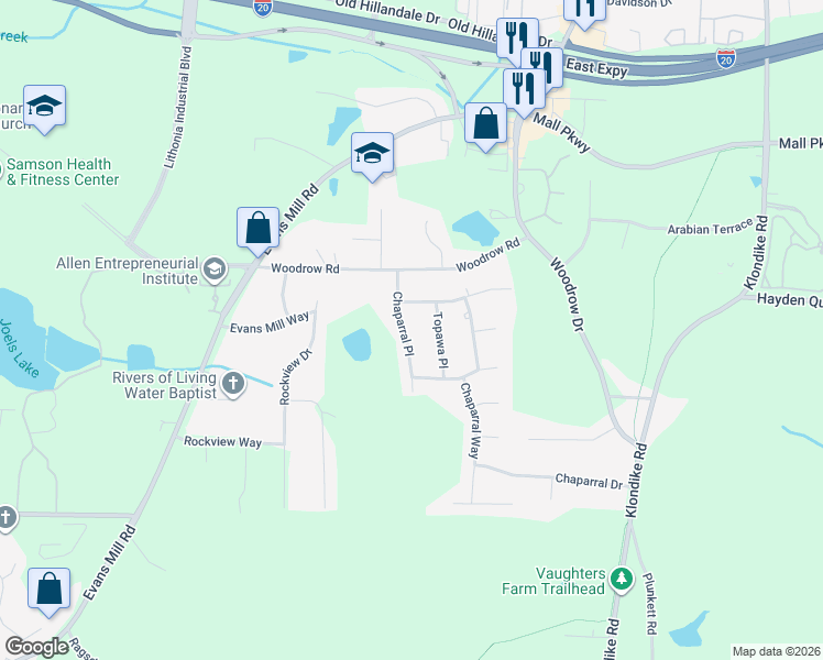 map of restaurants, bars, coffee shops, grocery stores, and more near 3114 Chaparral Place in Stonecrest