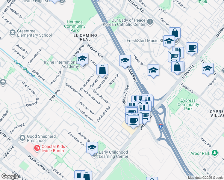 map of restaurants, bars, coffee shops, grocery stores, and more near 41 Golden Glen Street in Irvine