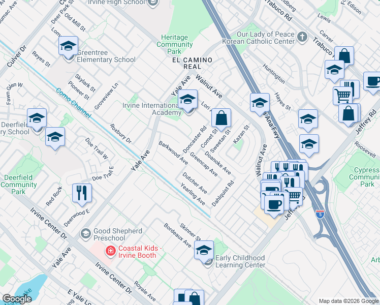 map of restaurants, bars, coffee shops, grocery stores, and more near 14781 Doncaster Road in Irvine