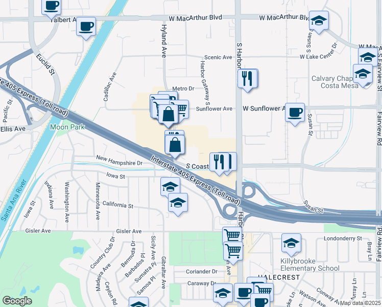map of restaurants, bars, coffee shops, grocery stores, and more near 3300 Hyland Avenue in Costa Mesa