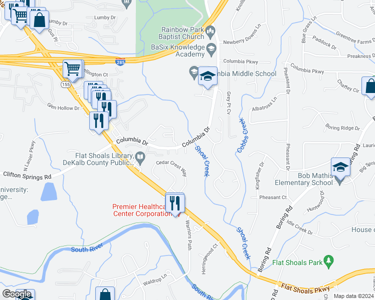 map of restaurants, bars, coffee shops, grocery stores, and more near 3091 Columbia Drive in Decatur
