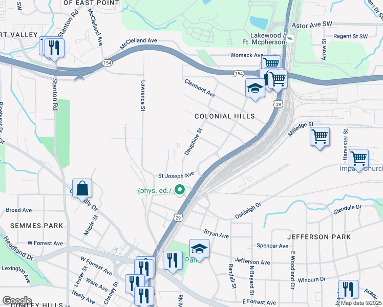 map of restaurants, bars, coffee shops, grocery stores, and more near 2266 Dauphine Street in East Point