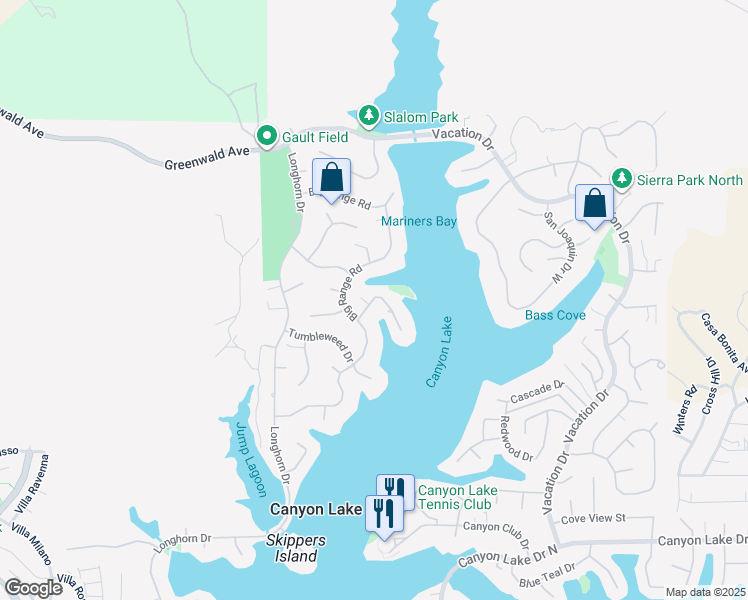 map of restaurants, bars, coffee shops, grocery stores, and more near 22400 Whirlaway Court in Canyon Lake
