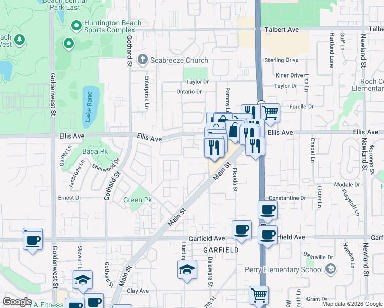 map of restaurants, bars, coffee shops, grocery stores, and more near in Huntington Beach