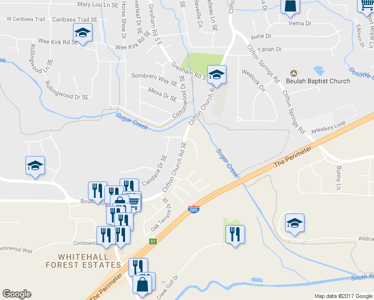 map of restaurants, bars, coffee shops, grocery stores, and more near 3190 Clifton Church Road Southeast in Atlanta