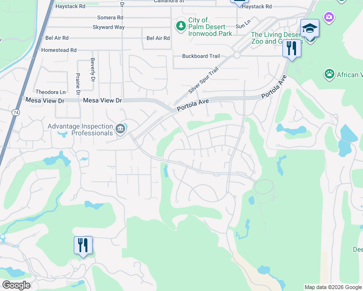 map of restaurants, bars, coffee shops, grocery stores, and more near 73280 Rosewood Court in Palm Desert