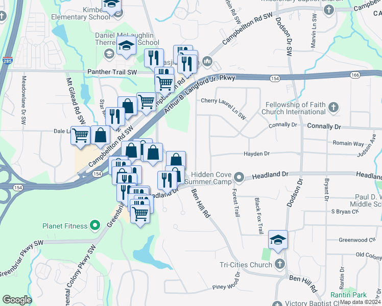 map of restaurants, bars, coffee shops, grocery stores, and more near 2375 Maxwell Drive Southwest in Atlanta