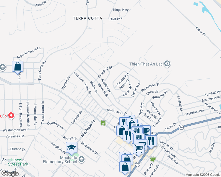 map of restaurants, bars, coffee shops, grocery stores, and more near Arnold Avenue in Lake Elsinore