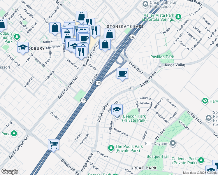map of restaurants, bars, coffee shops, grocery stores, and more near 331 Novel in Irvine