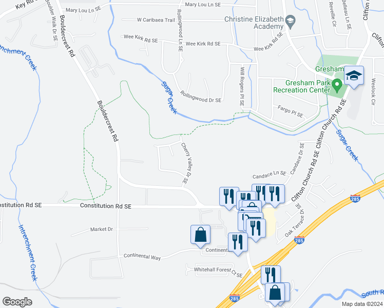 map of restaurants, bars, coffee shops, grocery stores, and more near 3168 Cherry Valley Drive Southeast in Atlanta