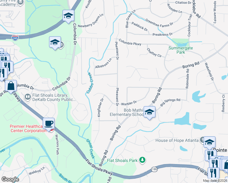 map of restaurants, bars, coffee shops, grocery stores, and more near 3141 Pheasant Drive in Decatur