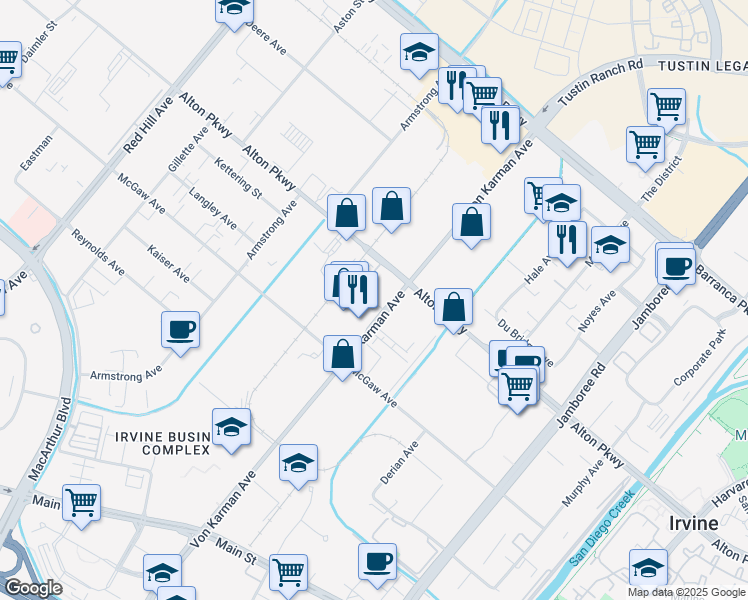 map of restaurants, bars, coffee shops, grocery stores, and more near 150 Unity Street in Irvine