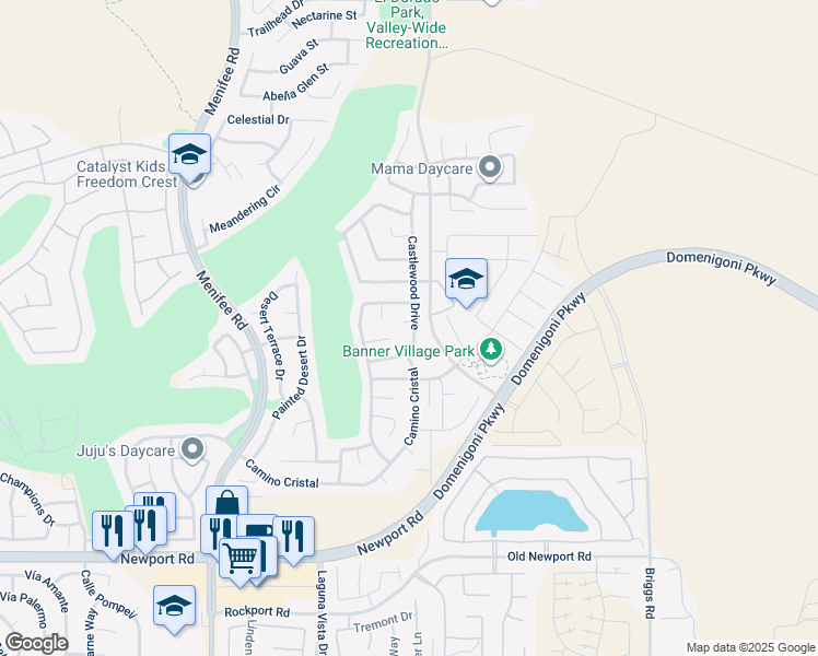 map of restaurants, bars, coffee shops, grocery stores, and more near 29567 Castlewood Drive in Menifee