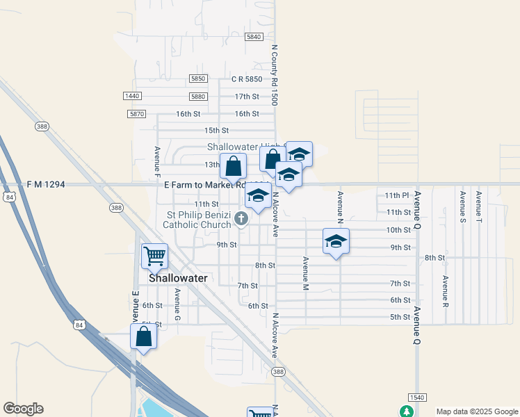 map of restaurants, bars, coffee shops, grocery stores, and more near 1100 Avenue K in Shallowater