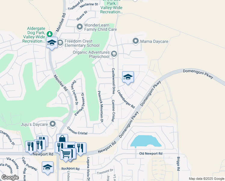 map of restaurants, bars, coffee shops, grocery stores, and more near 29567 Castlewood Drive in Menifee
