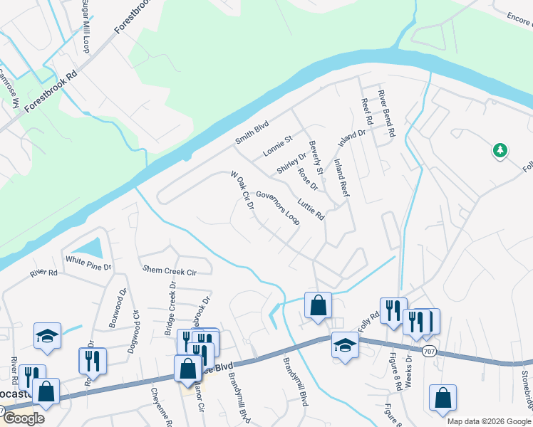 map of restaurants, bars, coffee shops, grocery stores, and more near 1409 Reid Court in Myrtle Beach