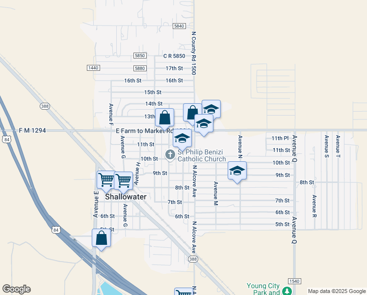 map of restaurants, bars, coffee shops, grocery stores, and more near 1100 Avenue K in Shallowater