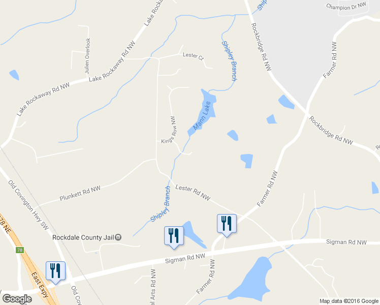 map of restaurants, bars, coffee shops, grocery stores, and more near 1816 Kings Row Northwest in Conyers