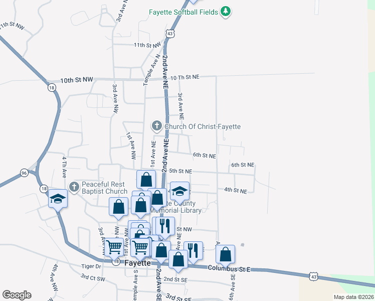 map of restaurants, bars, coffee shops, grocery stores, and more near 721 3rd Way Northeast in Fayette