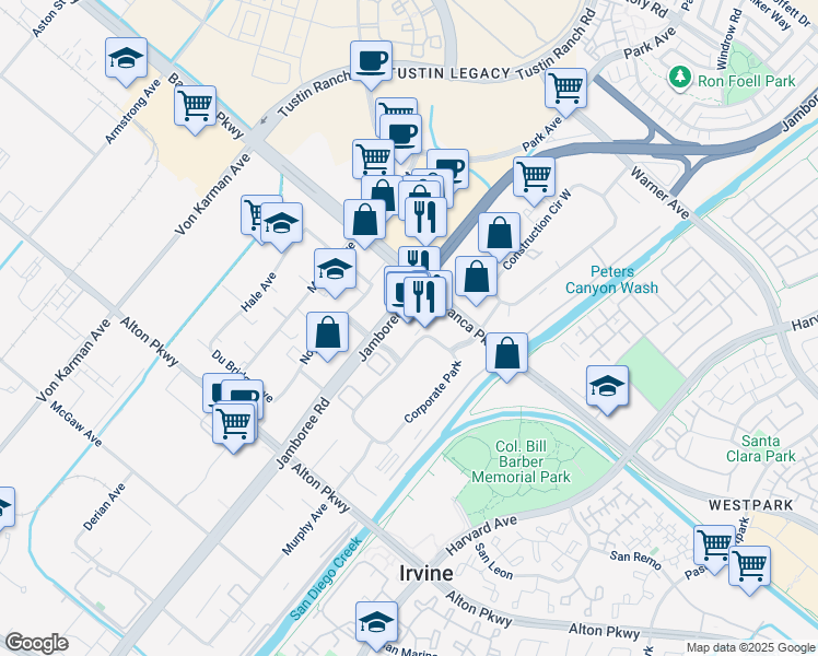 map of restaurants, bars, coffee shops, grocery stores, and more near 80 Corporate Park in Irvine