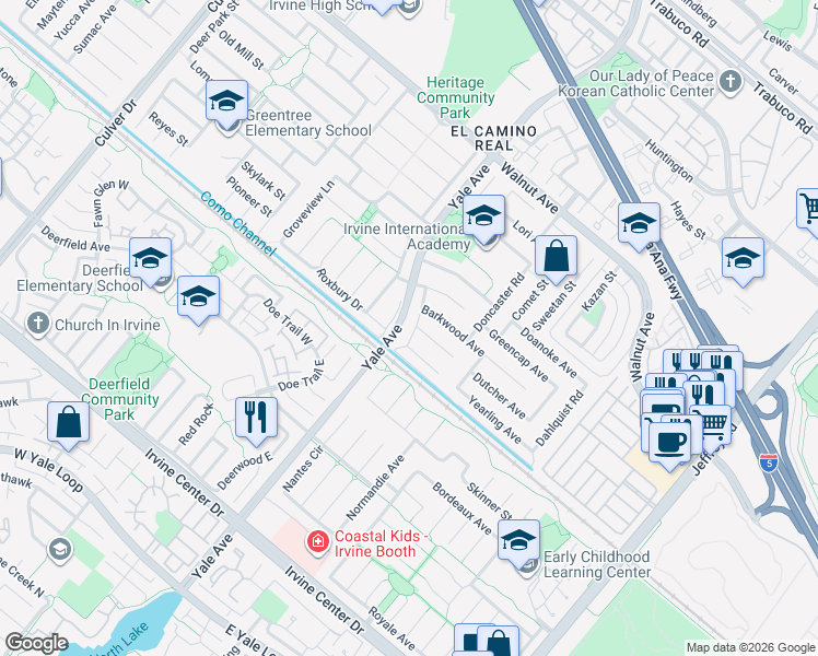map of restaurants, bars, coffee shops, grocery stores, and more near 14891 Pinehaven Road in Irvine