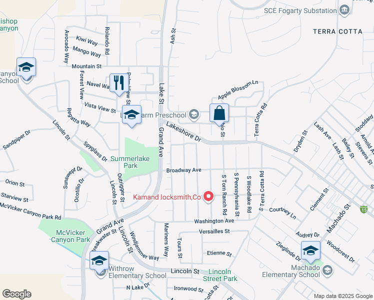 map of restaurants, bars, coffee shops, grocery stores, and more near 172 North Nebraska Street in Lake Elsinore