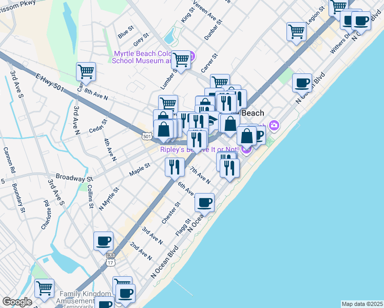 map of restaurants, bars, coffee shops, grocery stores, and more near 761 North Kings Highway in Myrtle Beach