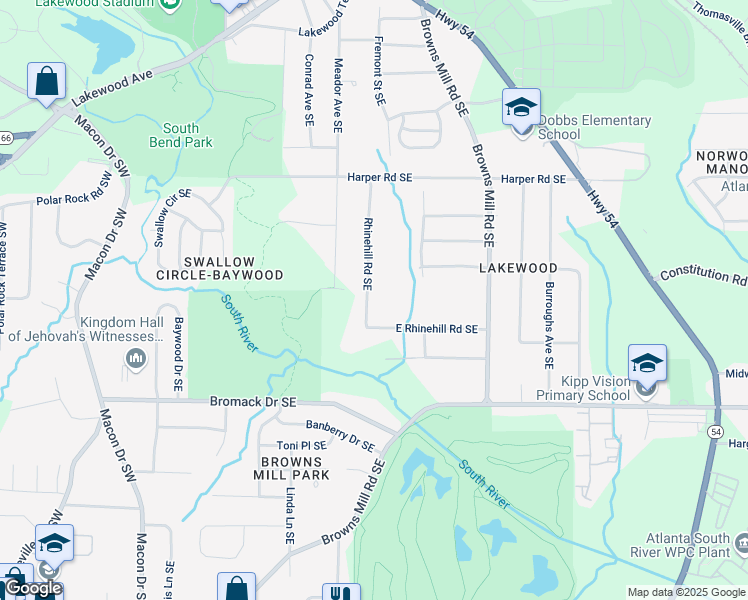map of restaurants, bars, coffee shops, grocery stores, and more near 2258 Rhinehill Road Southeast in Atlanta