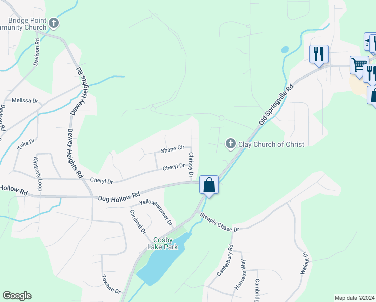 map of restaurants, bars, coffee shops, grocery stores, and more near 6482 Chrissy Drive in Pinson