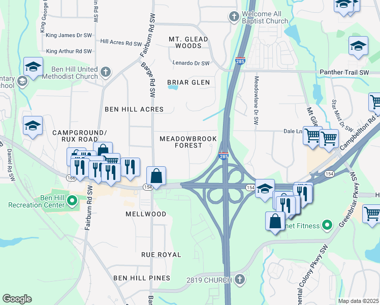 map of restaurants, bars, coffee shops, grocery stores, and more near 3479 Meadowlane Circle Southwest in Atlanta