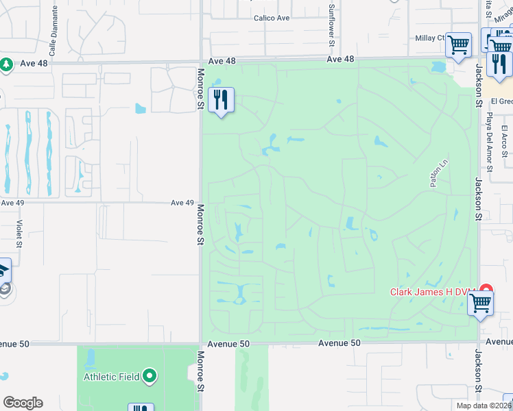 map of restaurants, bars, coffee shops, grocery stores, and more near 49017 Eisenhower Drive in Indio