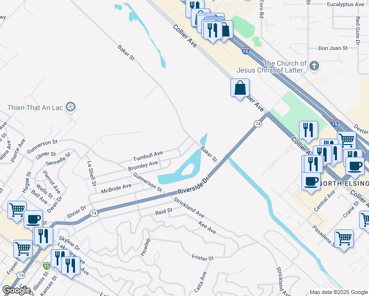 map of restaurants, bars, coffee shops, grocery stores, and more near Bunker Street in Lake Elsinore