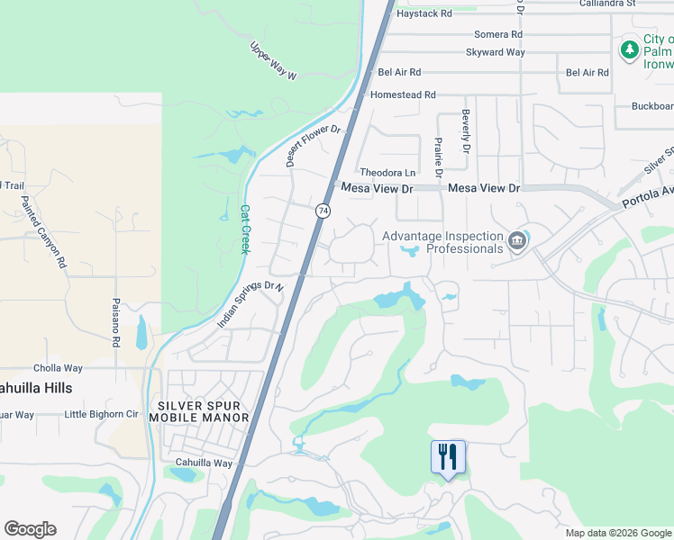 map of restaurants, bars, coffee shops, grocery stores, and more near 48985 Wildwood Lane in Palm Desert