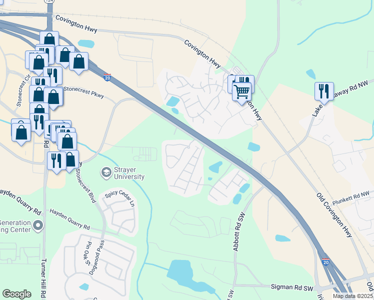 map of restaurants, bars, coffee shops, grocery stores, and more near 100 Deer Creek Circle in Lithonia