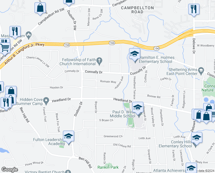 map of restaurants, bars, coffee shops, grocery stores, and more near 2507 Judson Avenue in Atlanta