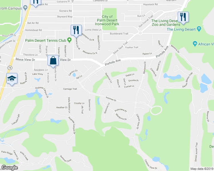 map of restaurants, bars, coffee shops, grocery stores, and more near 73280 Rosewood Court in Palm Desert