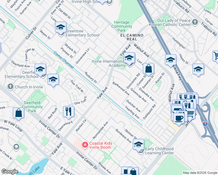 map of restaurants, bars, coffee shops, grocery stores, and more near 14891 Pinehaven Road in Irvine
