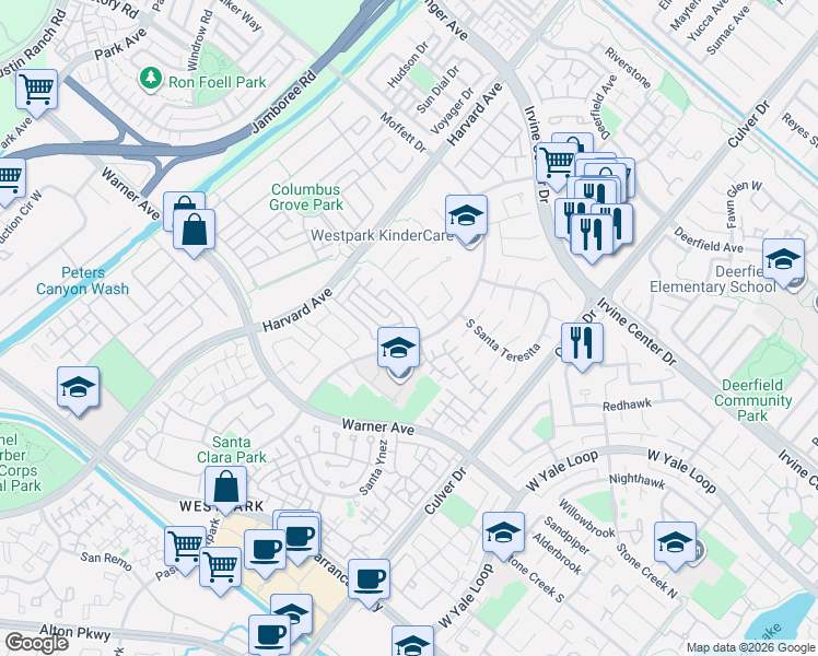 map of restaurants, bars, coffee shops, grocery stores, and more near 2 Altezza in Irvine