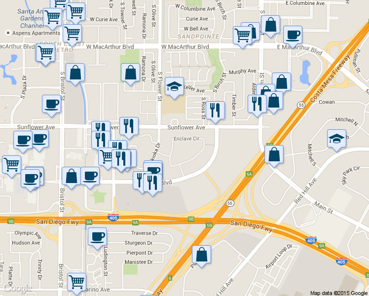 map of restaurants, bars, coffee shops, grocery stores, and more near 443 Enclave Circle in Costa Mesa