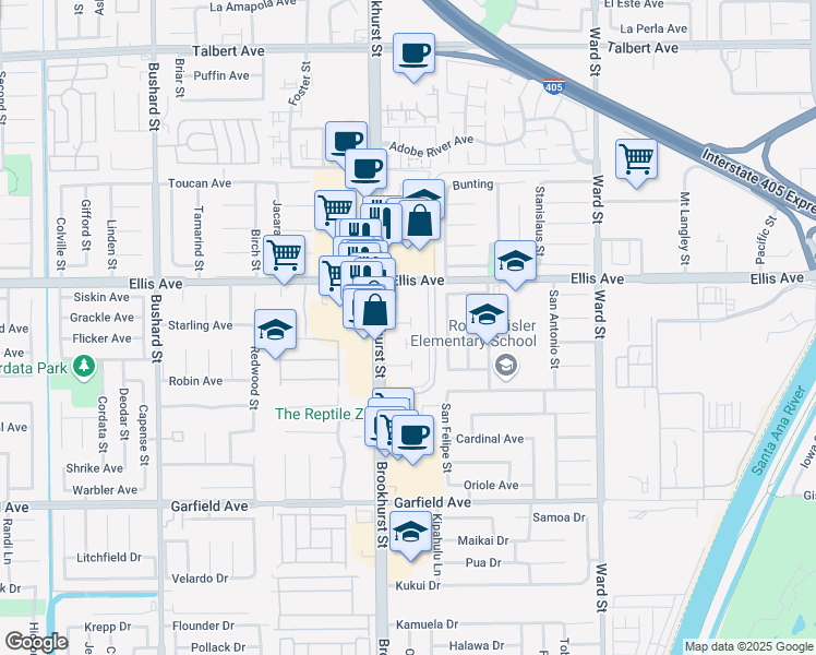 map of restaurants, bars, coffee shops, grocery stores, and more near 10067 Los Coyotes Court in Fountain Valley