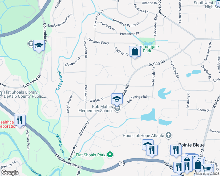 map of restaurants, bars, coffee shops, grocery stores, and more near 3624 Warbler Drive in Decatur