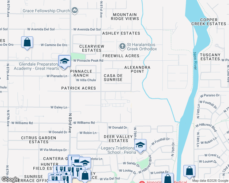 map of restaurants, bars, coffee shops, grocery stores, and more near 8001 West Patrick Lane in Peoria