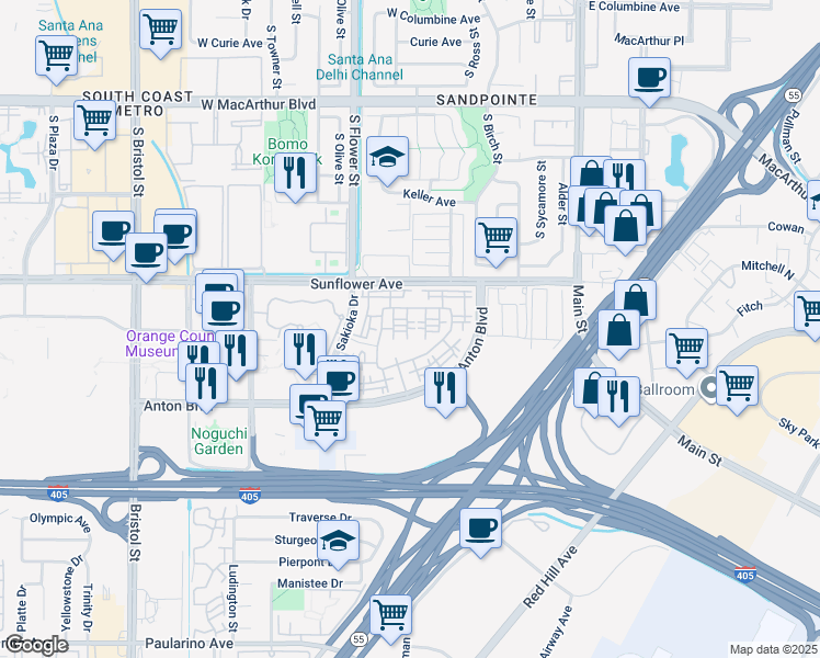 map of restaurants, bars, coffee shops, grocery stores, and more near 443 Enclave Circle in Costa Mesa