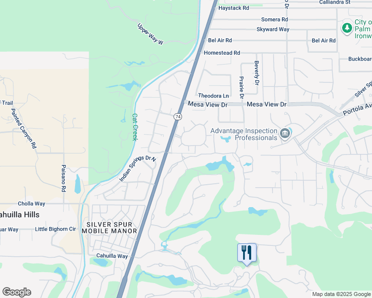 map of restaurants, bars, coffee shops, grocery stores, and more near 48985 Wildwood Lane in Palm Desert