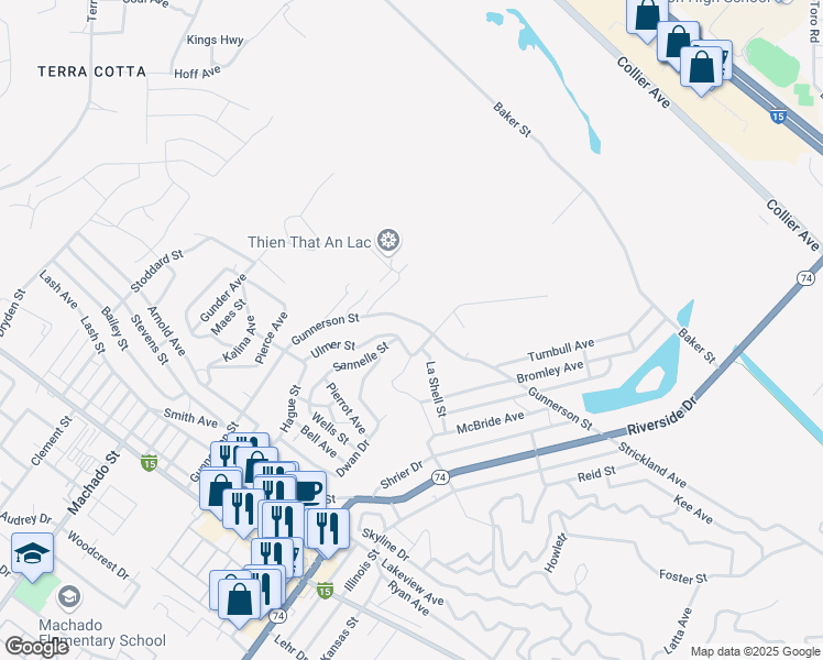 map of restaurants, bars, coffee shops, grocery stores, and more near Gunnerson Street in Lake Elsinore