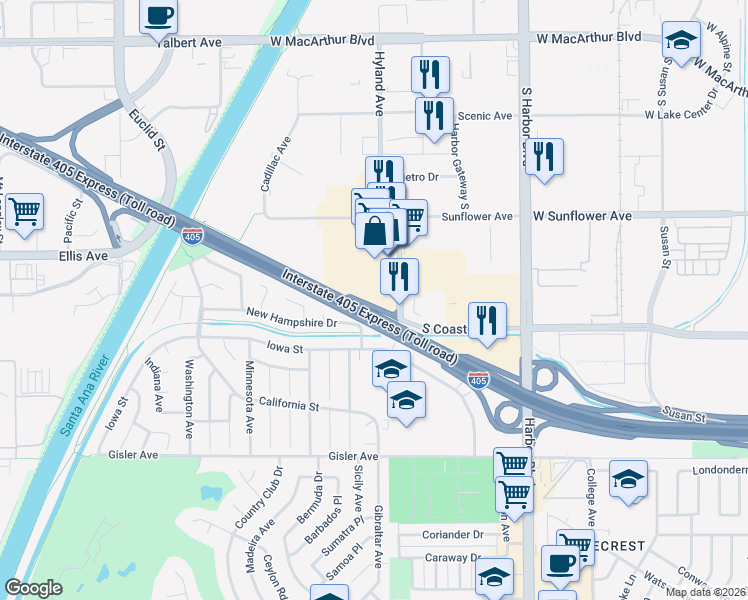 map of restaurants, bars, coffee shops, grocery stores, and more near 3303 Hyland Avenue in Costa Mesa